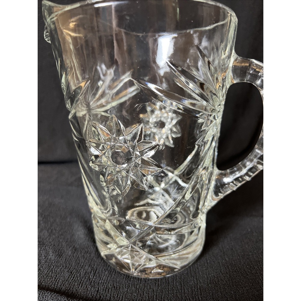 Vintage Pressed Glass Water Pitcher Clear Starburst & Pinwheel Pattern 1.5qt 8"